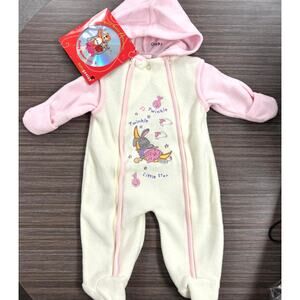 Vintage Baby Genius Pram Suit Romper Girls 0-3 Months Cream Footed Bunny Twinkle